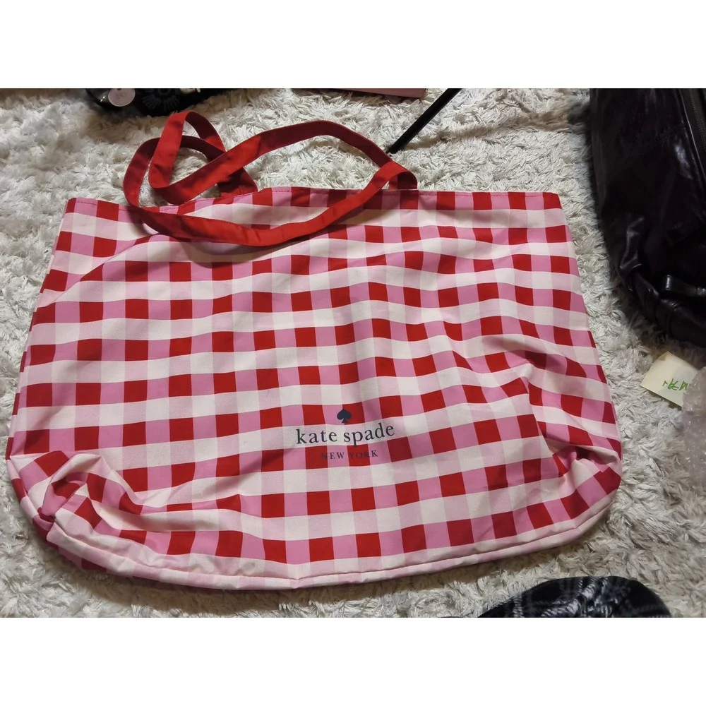 48.Kate Spade New York Gingham Tote Bag Red Pink Check Canvas Shopper Handbag
